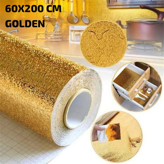 Golden Foil Kitchen Wallpaper Stickers, Peel & Stick Aluminum Foil Wall Paper, Self-Adhesive Oil Proof Waterproof Sticker for Kitchen (Size: 60*200CM)